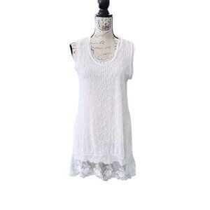 Le Moda White Sleeveless Tunic Sequined Lace Floral Hem Preppy Cottage Coastal L